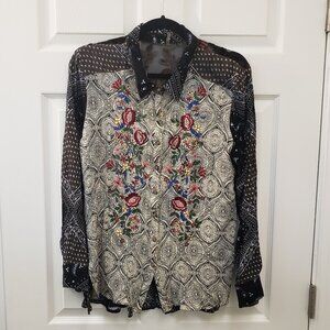 Cyrena, Mix Media, Artsy, Patchwork, button down long sleeve blouse, LG